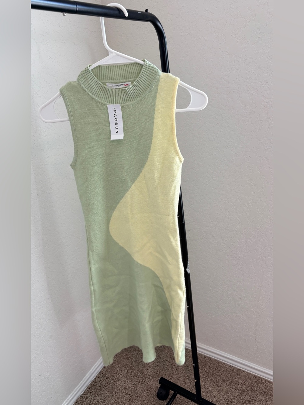 Peppermayo Colorblock Knit Tank Dress in Sage Green and Pale Yellow - Picture 2 of 5